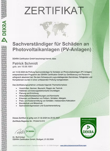 Sachverständiger für Schäden an Photovoltaikanlagen
